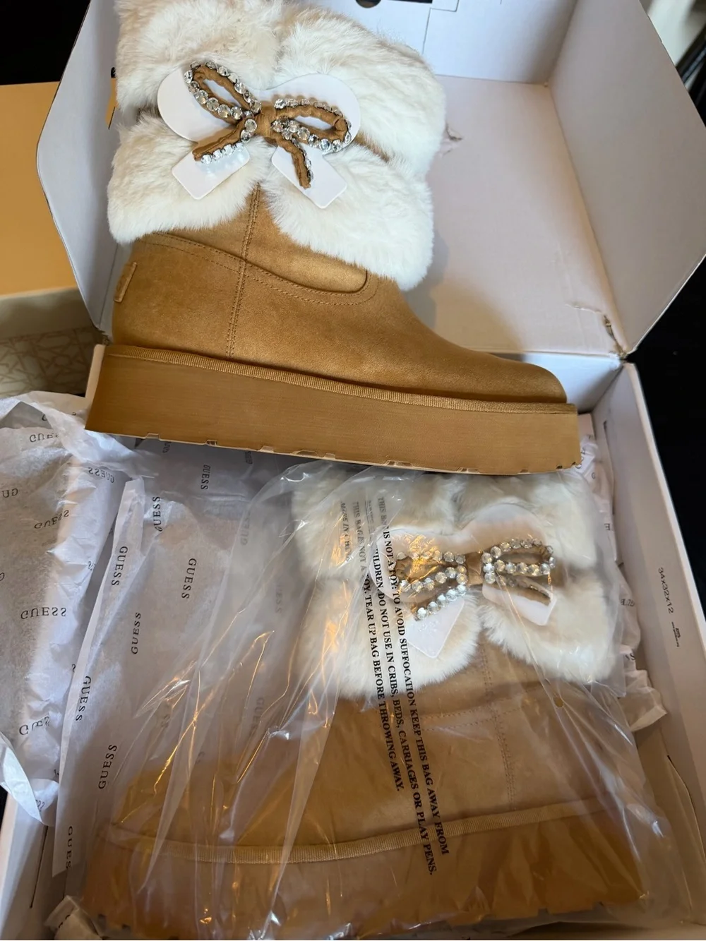 GUESS “Dowry” FUR BOOTS with embellished bow 🎀